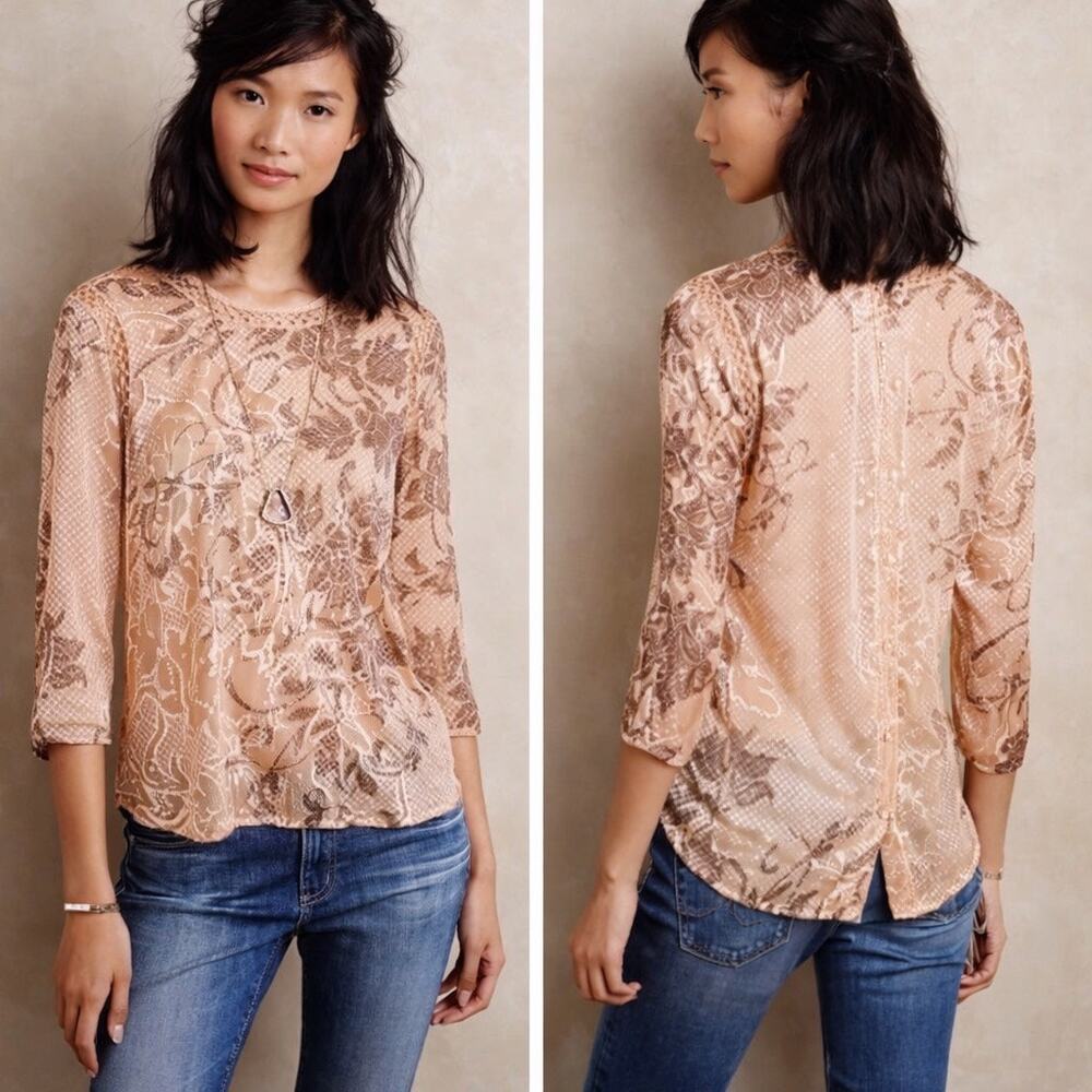 Anthropologie Meadow Rue Sheer Floral Blouse Crochet Trim Small